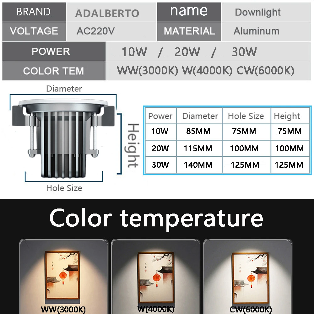 

IP65 Waterproof LED Downlight 10W 20W 30W Recessed Down Lamp 220V for Ceiling Bathroom Aisle Bedroom Outdoor Indoor Spot Light