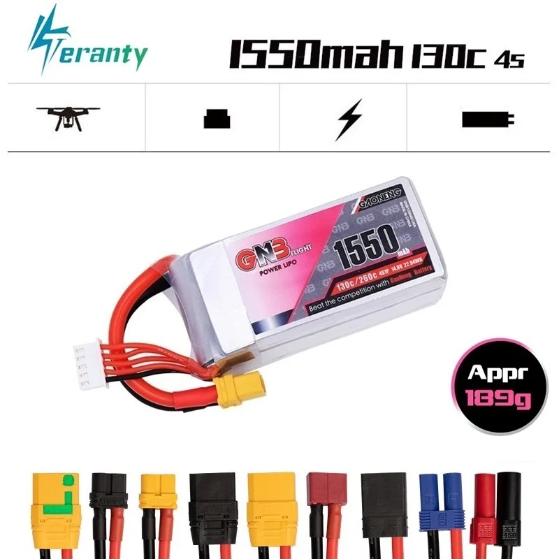 

Gaoneng GNB 4S 14.8V 1550MAH 130C/260C HV Lipo Battery With T/XT60/XT90 Plug For RC Quadcopter FPV Racing Drone Battery