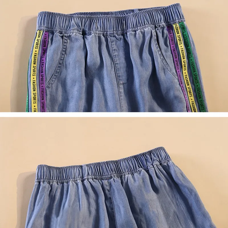 

Plus Size Women Summer Casual Denim Sweatpants New Arrival 2021 Simple Style Elastic Waist Loose Female Pencil Pants W332