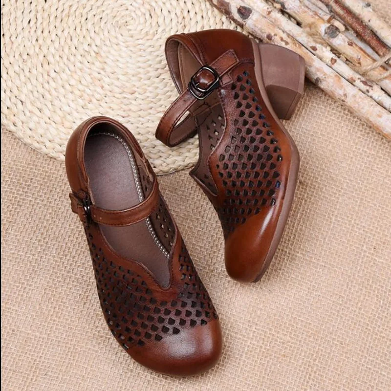 2021 Summer Genuine Leather Comfortable Ladies Mid Heel Sandals Women Shoes Hollow Round Toe Square Heels Sandals Woman