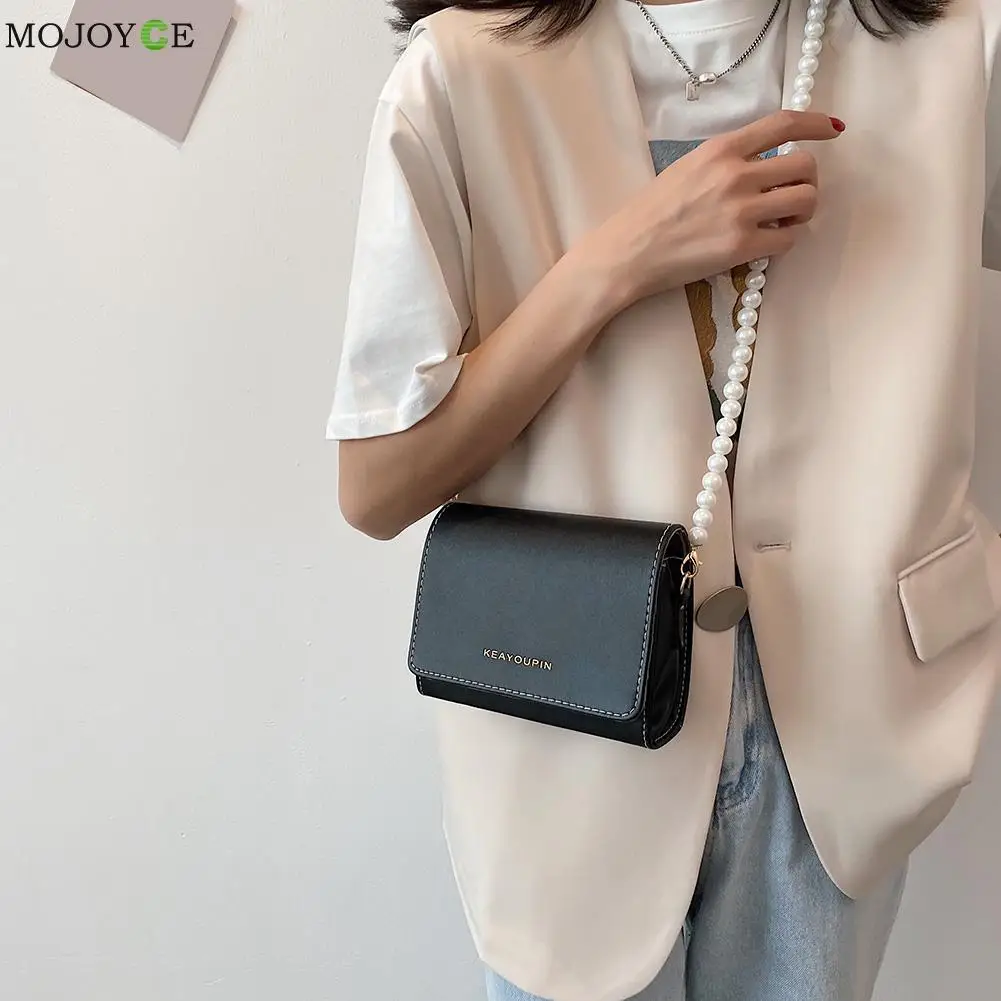 Fashion Women PU Leather Pure Color Shoulder Crossbody Messenger Bag Casual Ladies Pearl Chain Mini Handbags Flap Purse |