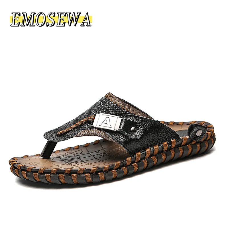 

EMOSEWA Brand Men's Flip Flops Genuine Leather Luxury Slippers Beach Casual Sandals Summer for Men Fashion Shoes New Big Size 48