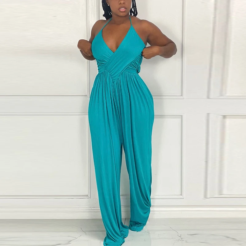 

Women Wide-Leg Jumpsuit Halter V Neck Ruched Solid Solid Color Straight-Leg Fashion Sexy Overalls Summer