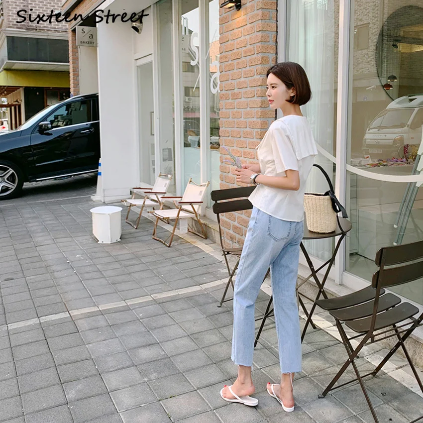 

Women's High Waist Jeans New Light Blue Big Dots Straight Jeans Women Autumn Korean Fashion Y2K Denim Pants Aesthetic 2021