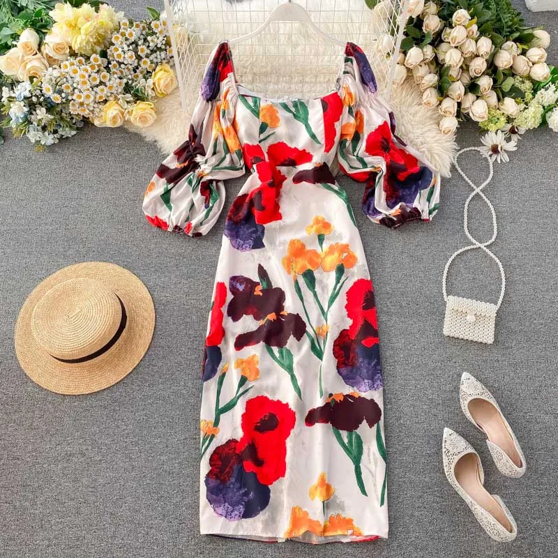 Винтажное французское шикарное платье в стиле бохо с цветочным принтом женское