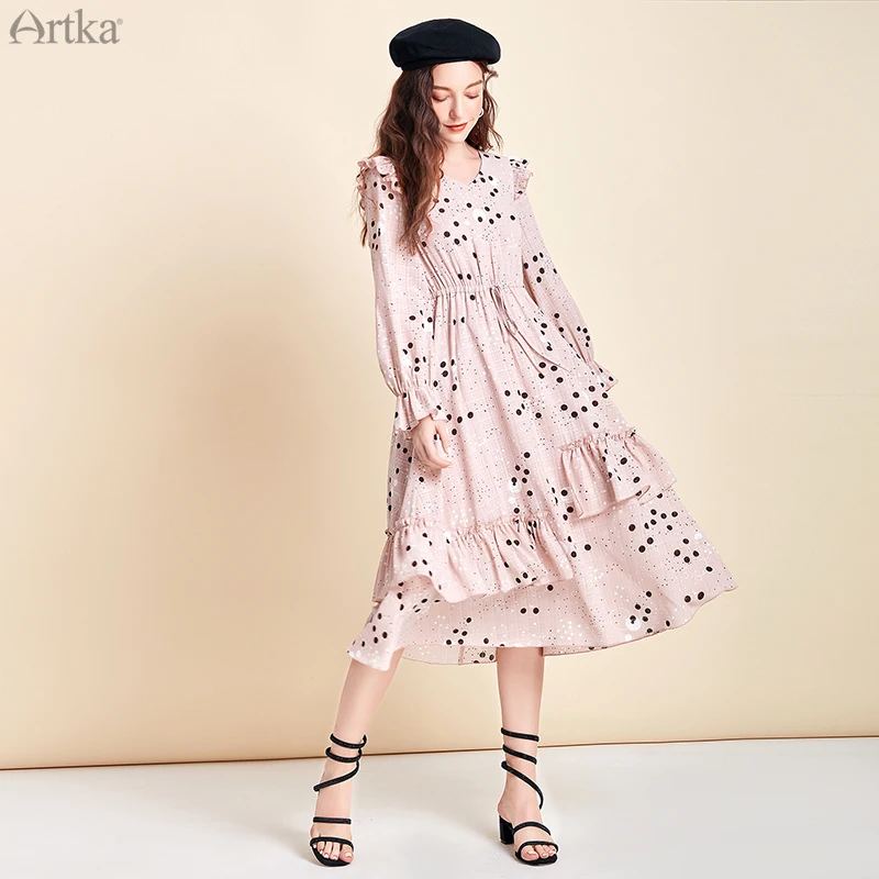 Женское шифоновое платье в горошек ARTKA длинное асимметричное с оборками и