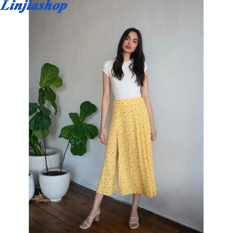 

Sexy slim floral print midi skirt casual high waist zipper lining long split harajuku skirt femme vestidos