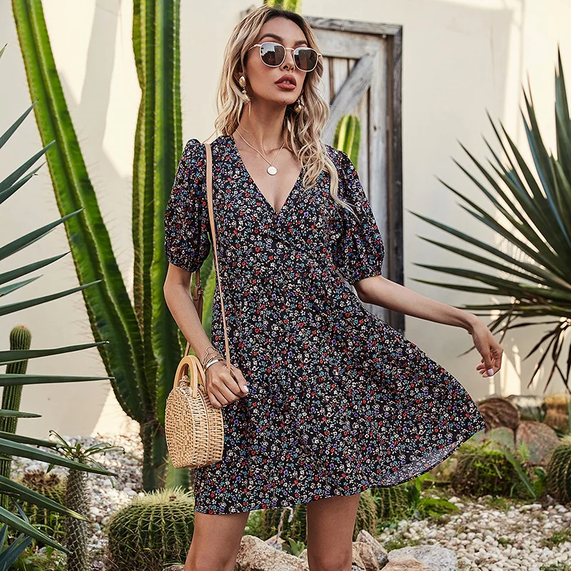 Women 2021 New Spring Summer Vacation Style Fashion Thinner Printed V Neck Chiffon Short Sleeve Ladies Small Floral Mini Dress summer jumpsuits short sleeve bohemia floral print v neck beach vacation belt chiffon big size 2019 top fashion clothes