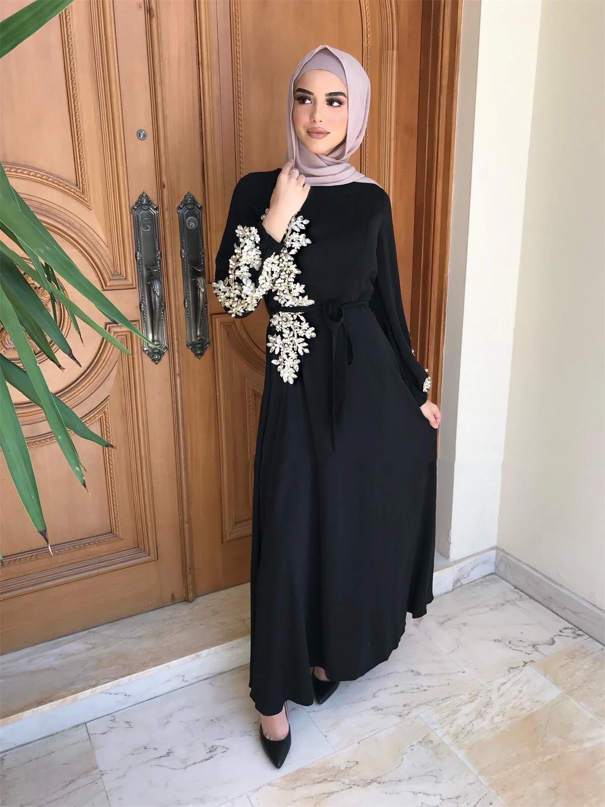 Длинное платье с вышивкой в мусульманском стиле, женское кружевное Макси-платье с бисером, узкое женское платье, одежда в исламском стиле, Н...