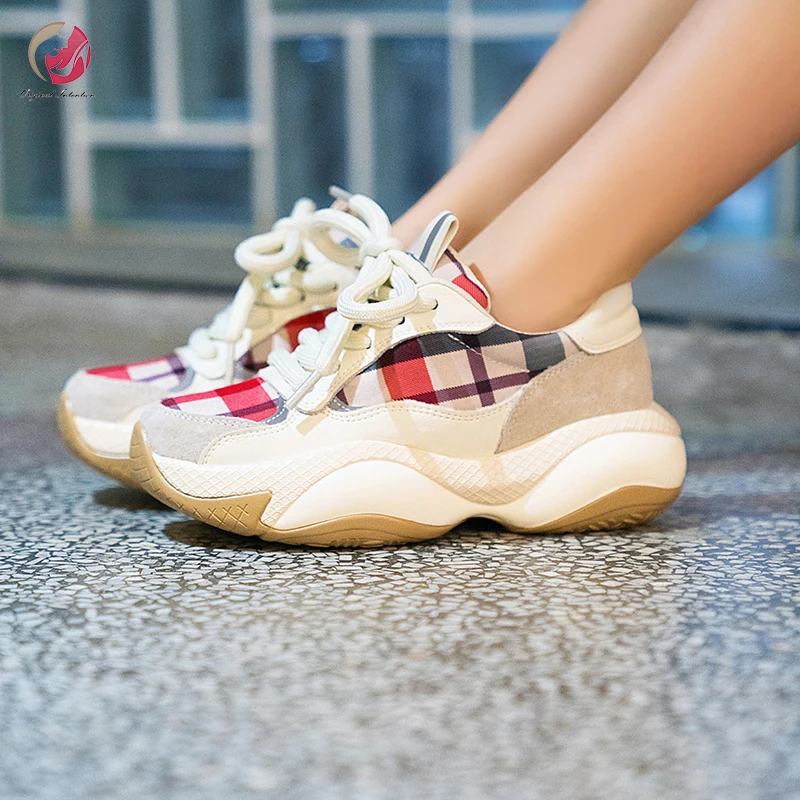 

Original Intention Casual Flats Shoes Woman High Platform Shoes Comfort Genuine Leather Grids Patchwork Shoes Concise Walking