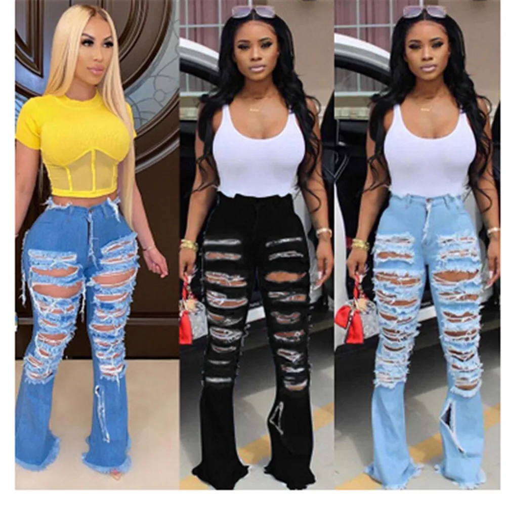 Бесплатная доставка 2020 Модные женские рваные джинсы с высокой талией