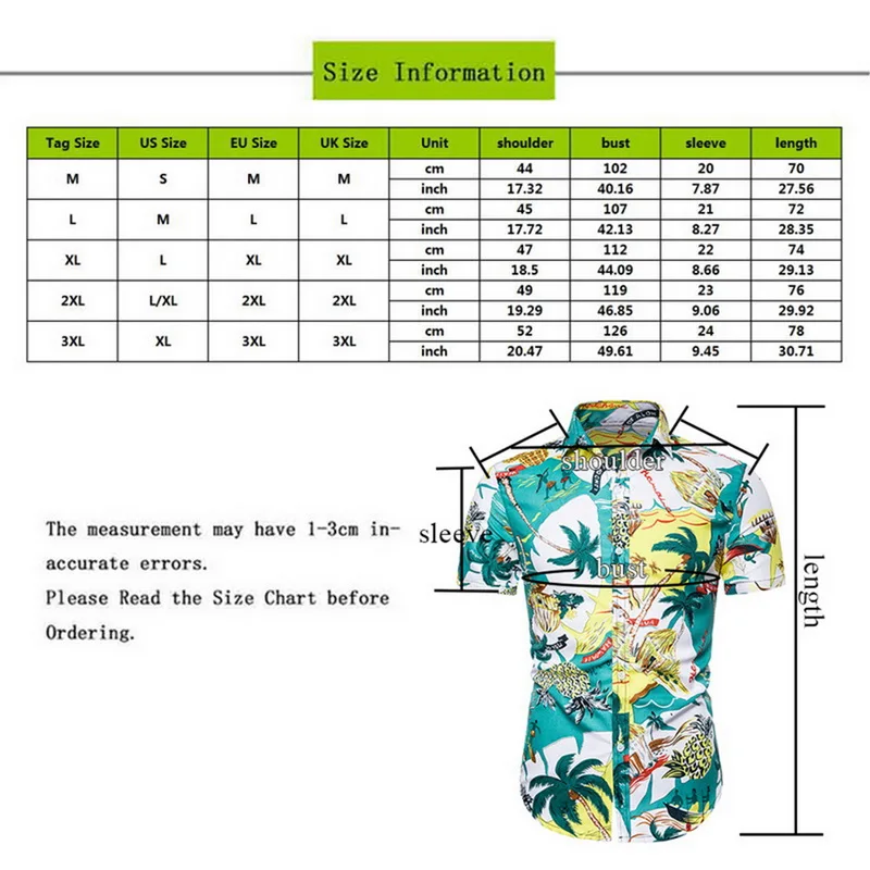 Мужские модные рубашки с принтом повседневные Гавайские на пуговицах коротким