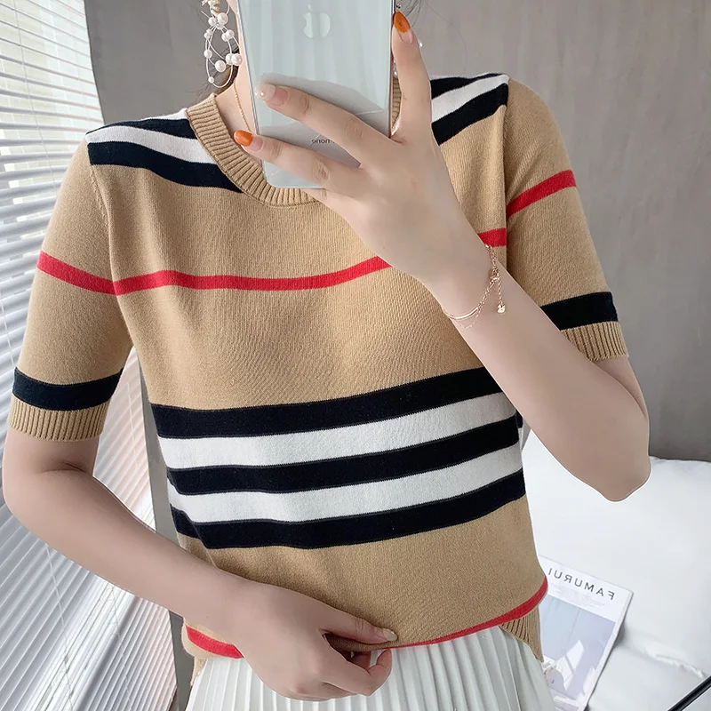 

New knitted striped short-sleeve t-shirt women loose wild round neck cotton and linen knitted half sleeves Wool sweater top hot