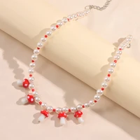 trendy female red mushroom choker beaded necklace for women girl colorful cute charm string bead baroque pearl necklace jewelry