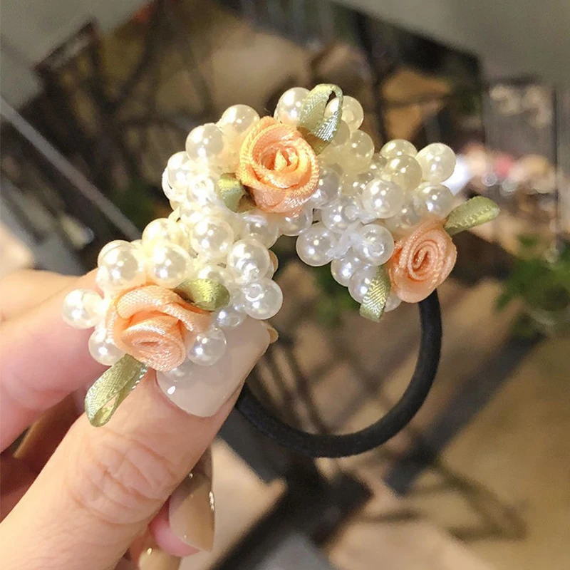 women pearls hair rope ponytail holder scrunchies pearl elastic hair rings exquisite flowers elastic women hair accessories 1 pc free global shipping