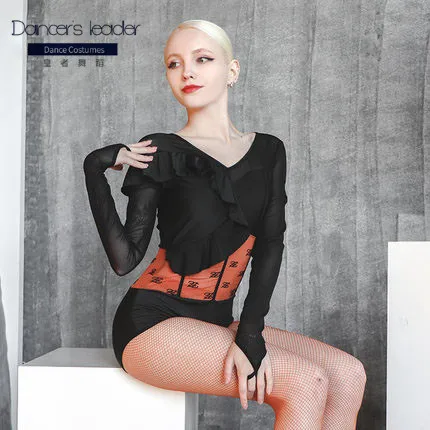 

Women Latin Dance Bodysuit Long Sleeve Patchwork Latin Dancing Tops for Samba Tango Chacha Belly Performamnce