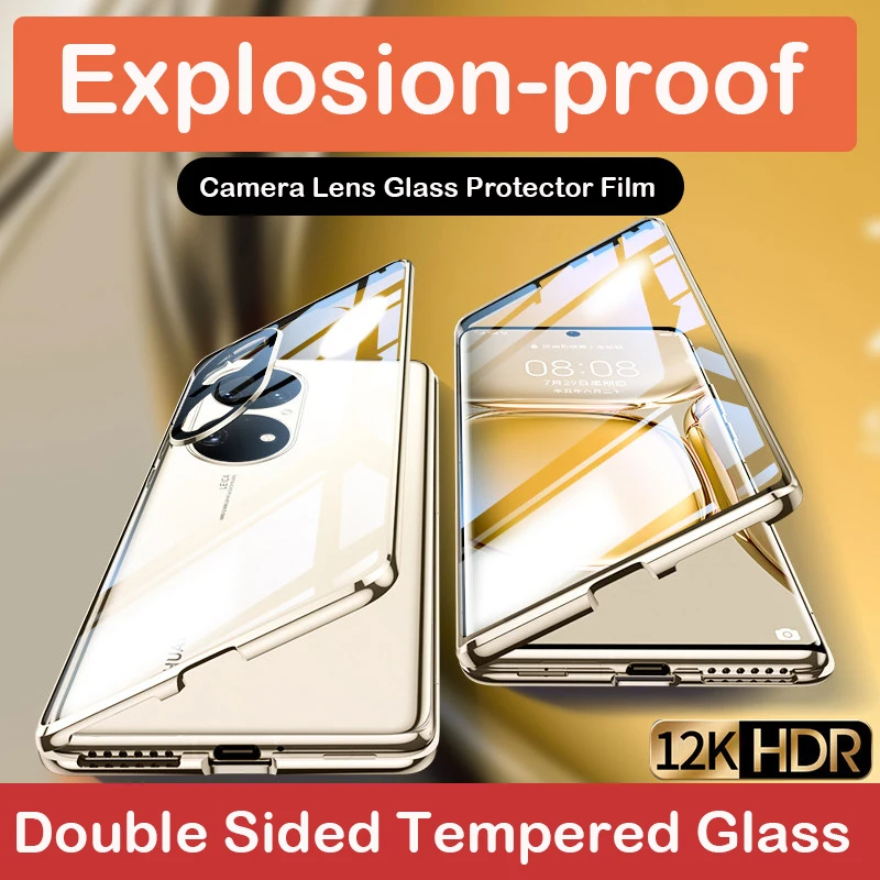 Coque P50 Pro Case 360 Full Magnetic Case For Huawei P50 Aluminum Metal Bumper Tempered Glass Film Camera Lens Protector Cover