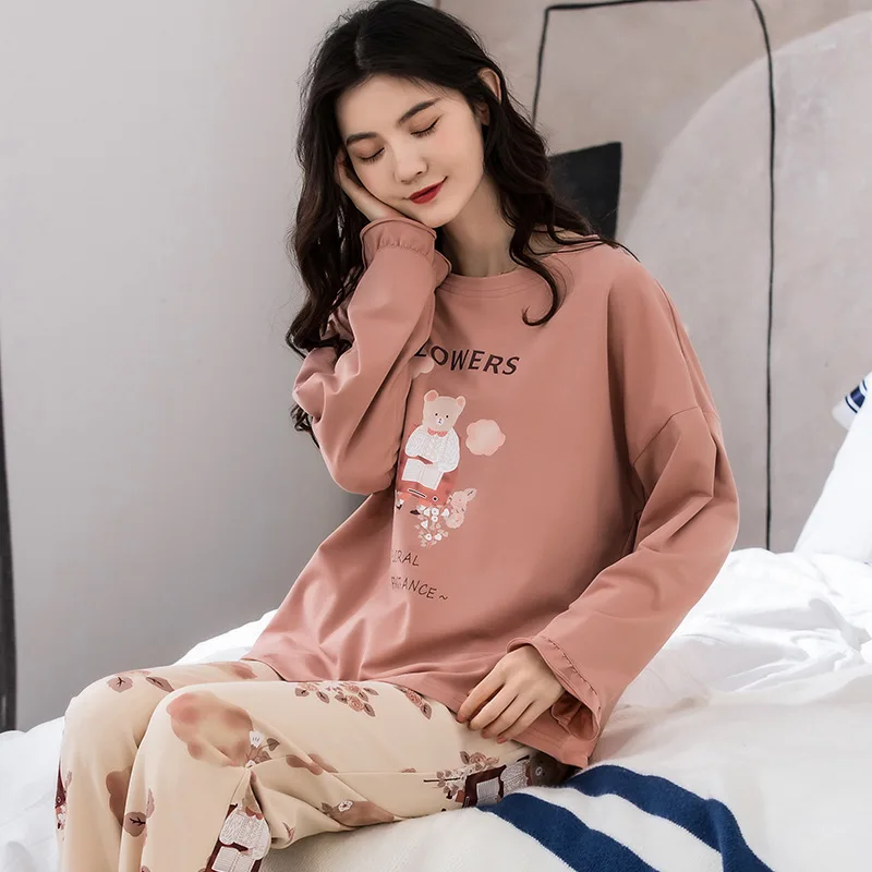 

100% Cotton Female Spring Autumn Fashion Causual Cute Cartoon Pajamas Suits 2PCs Sweet And Comfortable Homewear пижама женская
