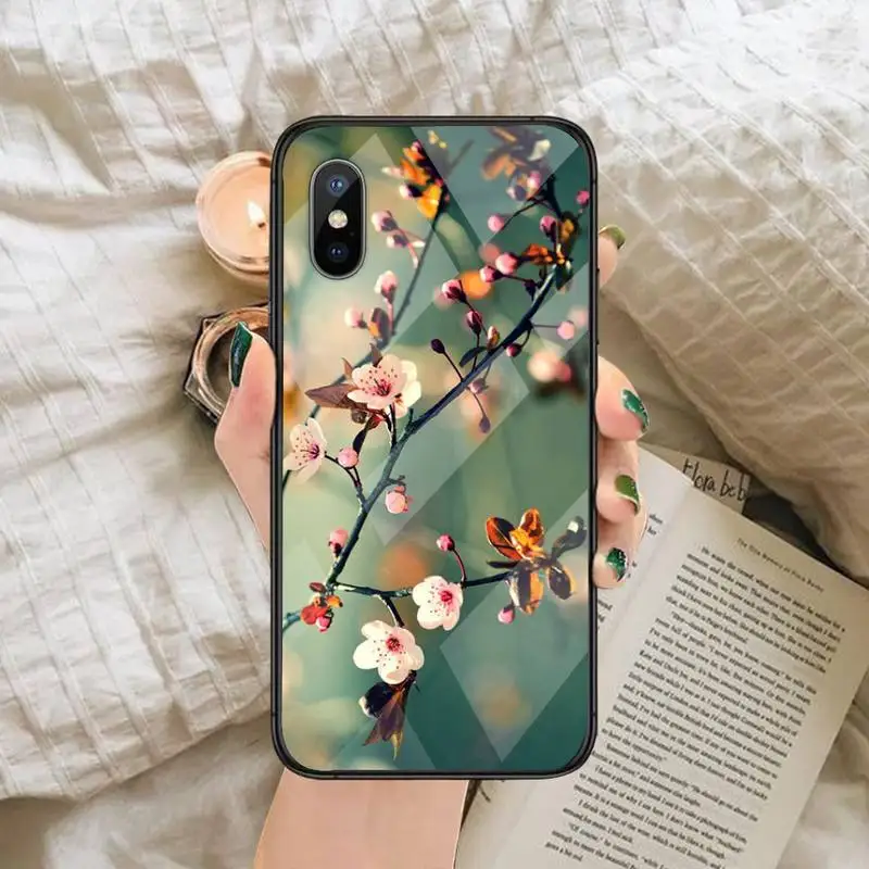 

plant flower peach blossom Phone Case Tempered glass For iphone 6 6S 7 8 plus X XS XR 11 12 mini PRO MAX