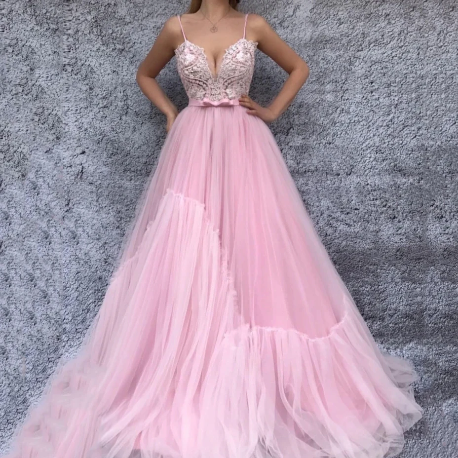 

Thinyfull Pink Prom Dress Tulle Evening Dress Spaghetti Straps Bridal Gowns Vestidos De Noche 2021