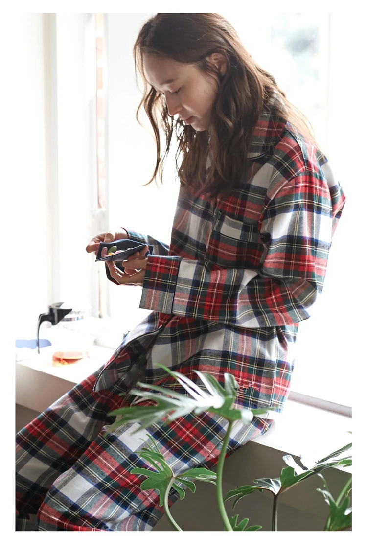 Plaid Print Couple Pajamas Set Autumn and Winte Warm Cotton Women and Men Pyjamas Long Sleeve Sleepwear Men Lounge Pijama mens cotton sleep shorts