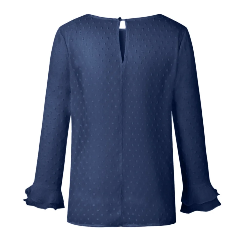 Feitong Women Ladies Blouses And Tops Casual Ruffles Lace Polka Dot O Neck Shirt Long Sleeve Blouse blusas mujer de moda