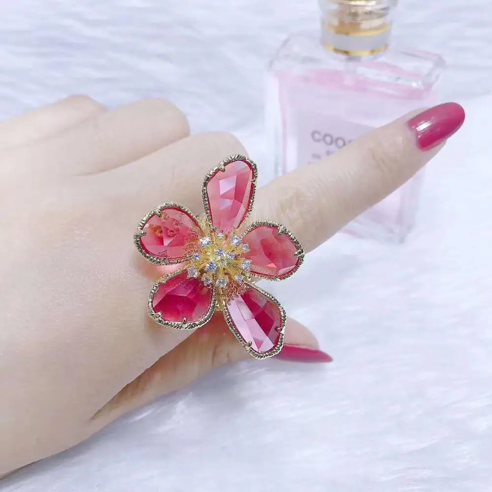 Модное винтажное зеленое большое цветочное открытое регулируемое кольцо для