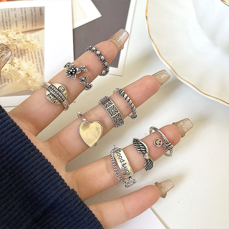 

Vintage 925 Sterling Silver Smiley Face Open Rings For Women Lucky Circle Chain Bohemia Ring Party Adjustable Jewelry Gifts
