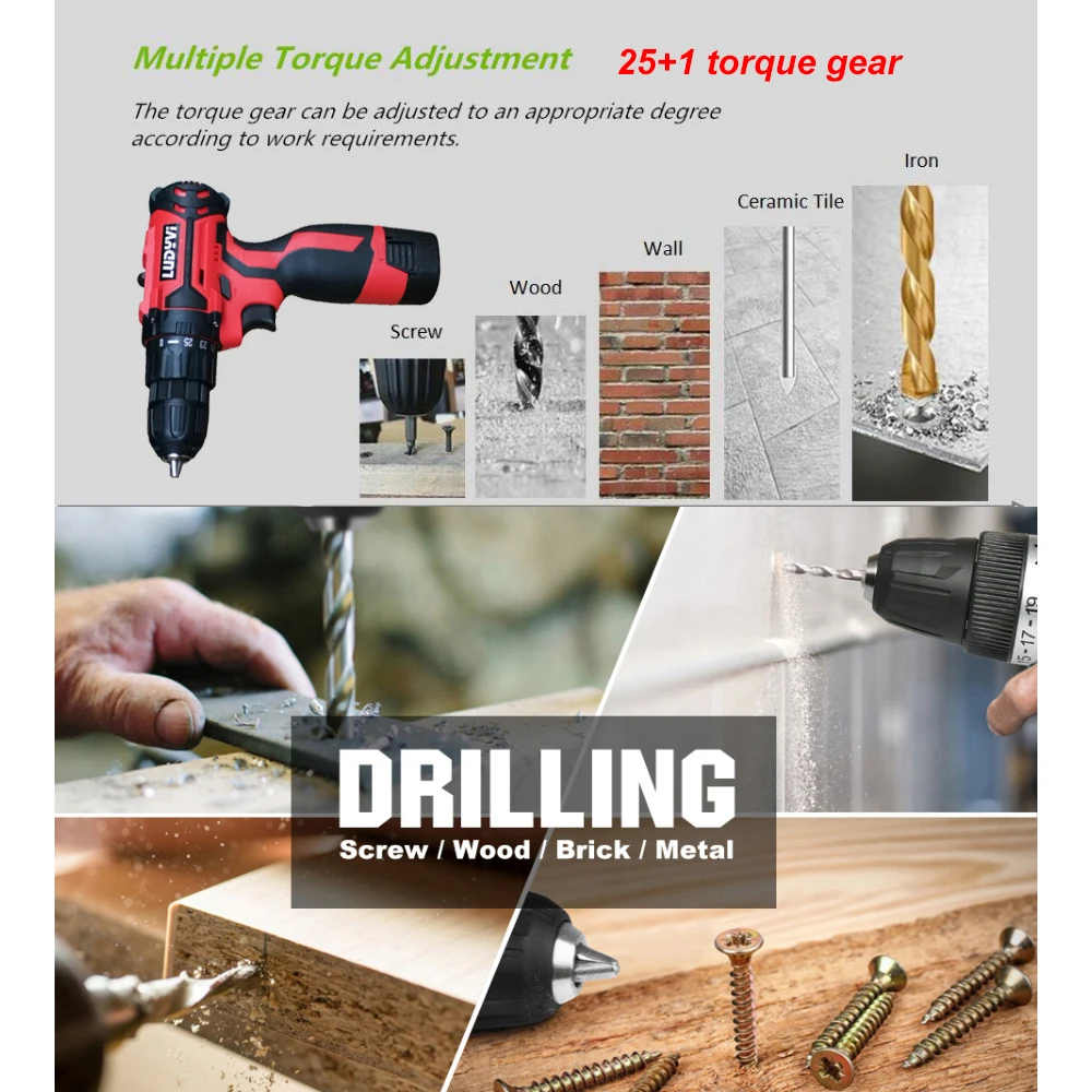

12V Electric Screwdriver 25+1 Torque Cordless Drill Lithium Battery Mini Power Tools