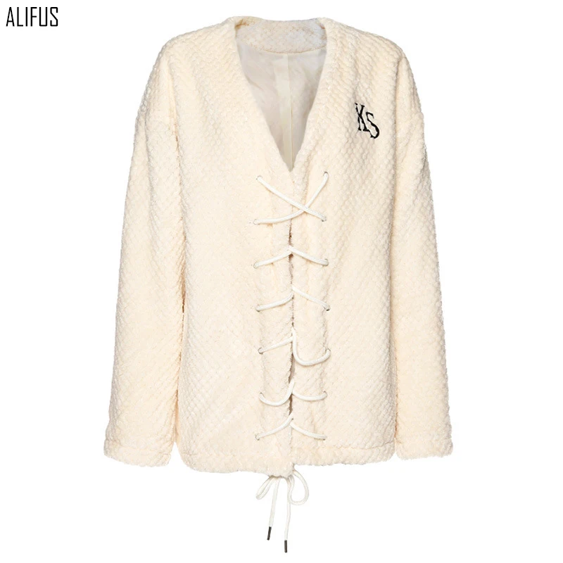 

European and American style 2020 winter women's new long-sleeved V-neck tie cardigan loose and versatile slimming coat