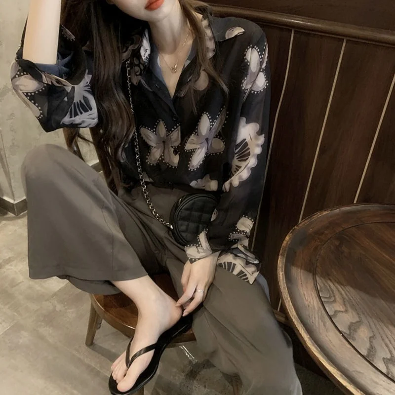Black Vintage Shirt Spring Summer Oversize Chiffon Bench Blouse Women Korean Fashion Long Sleeve Button Up Cardigan