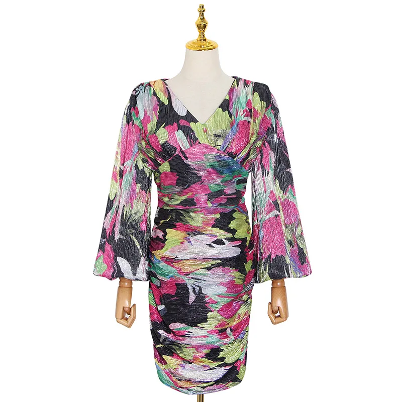 

New fashion sexy v-neck lantern sleeve contrast waist slim hip short dress