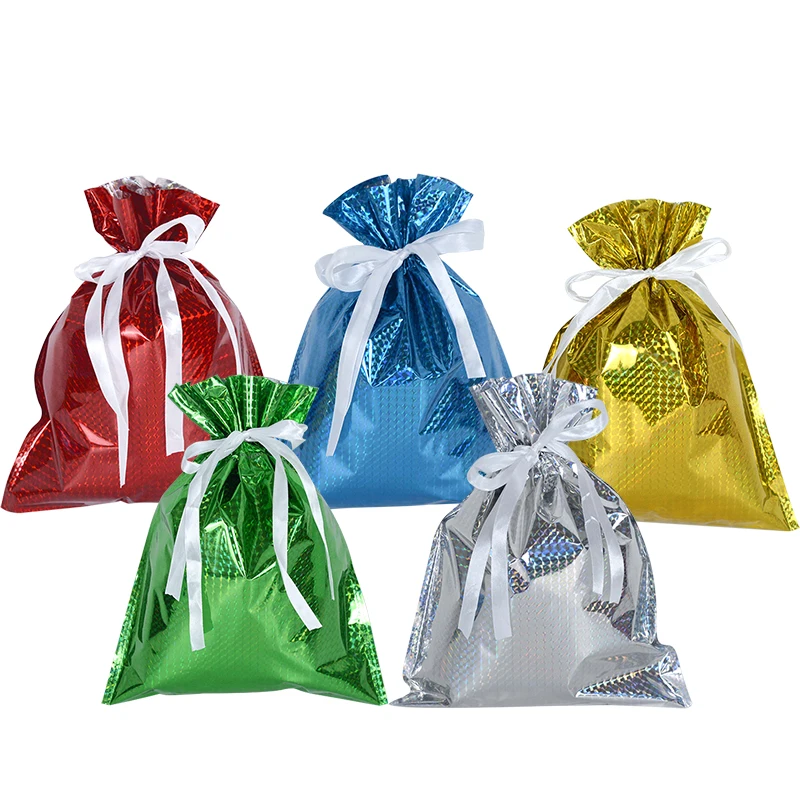

5pcs Plastic Drawstring Gift Bag Gold Silver Red Green Blue Cookies Candy Packaging Bag Christmas Wedding Favor Supplies 24x31cm