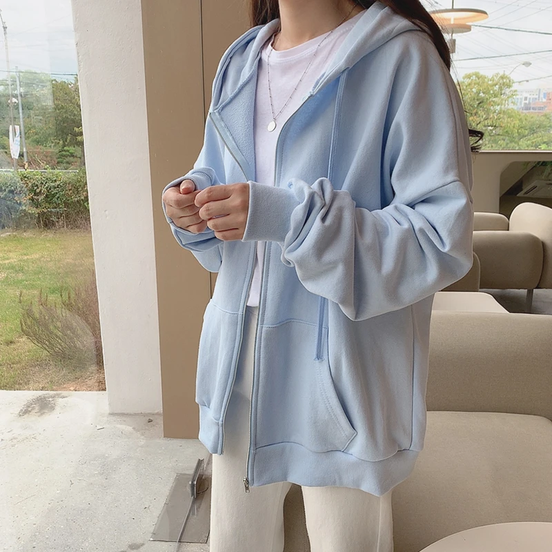 

Casual Cotton Thin Coat 2021 Spring Autumn New Fashion All-match Loose Hoodies Women student Long Sleeve Zip-up Solid sweatshirt