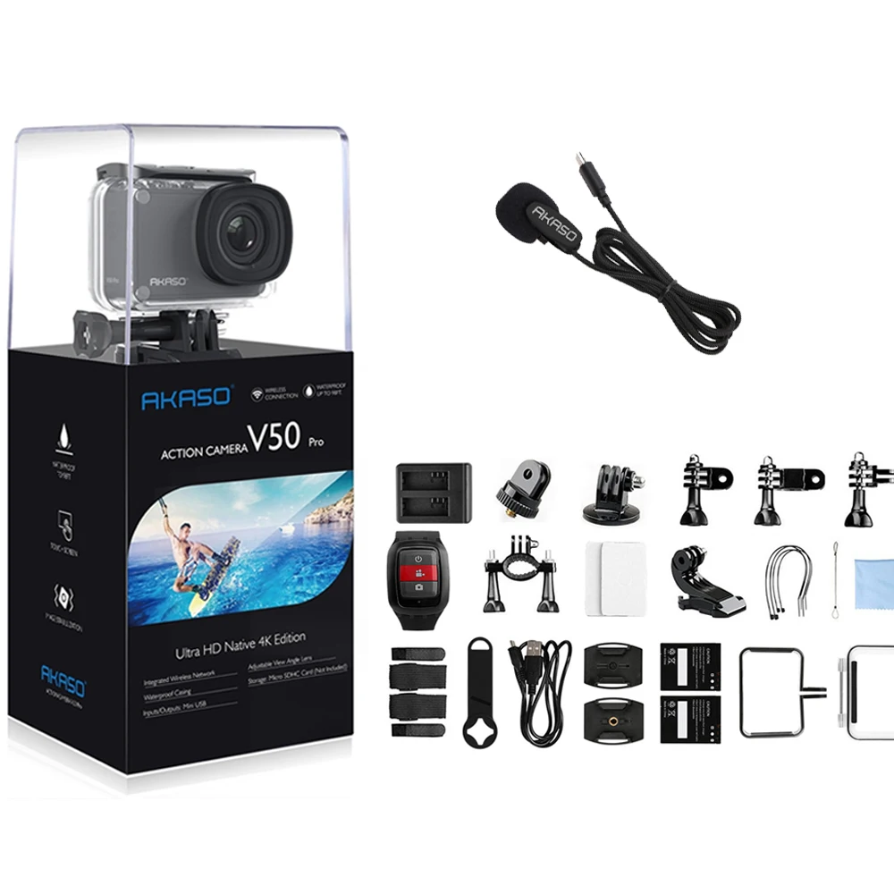 With External Mic AKASO V50 PRO 4K 30fps 20MP wifi Экшн-камера с сенсорным экраном ELS, уличная спортивная камера с углом обзора 30 м, водонепроницаемая камера - Цвет: With External Mic