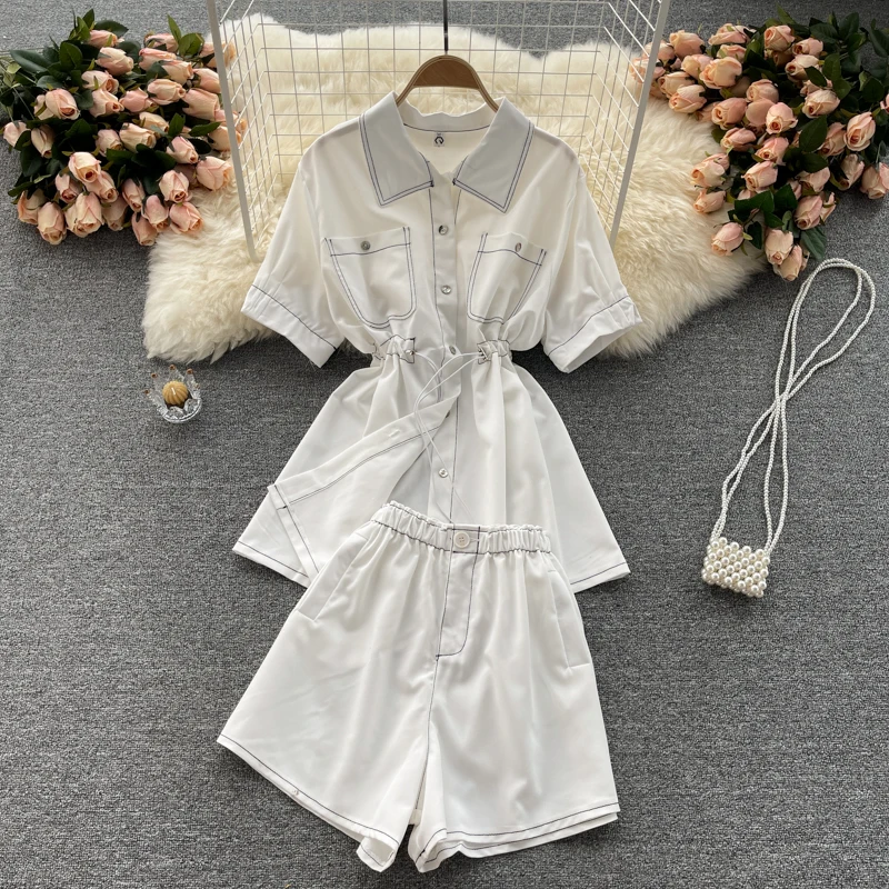 

2021 New Summer Fashion Casual String Patchwork Loose Puff Sleeve Shirt Shorts Two Piece Set Women 2 Piece Set White Khaki Black
