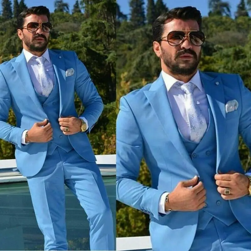 

Custome Homme The New Formal Fashion Blue Suits For Men's Groom Wedding Wear Suits Slim Tuxedos Peak Lapel Custom Made 3 Pieces