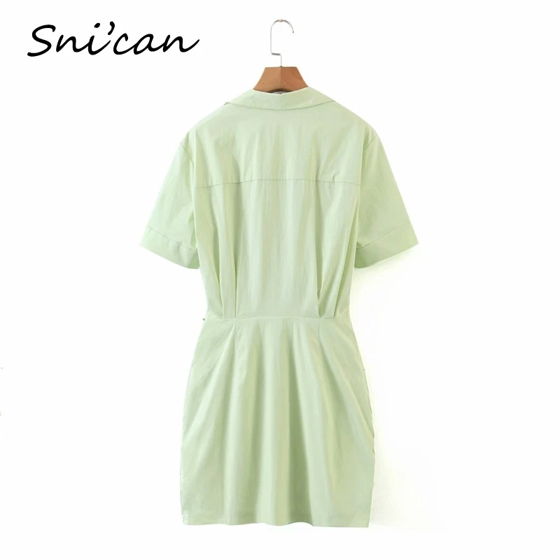 

Snican solid mini draped dress turn down collar short sleeve sashes ruched sexy Women's dress za 2020 summer vestido de mulher