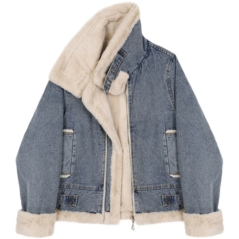 

Winter Women's Lamb Wool Jean Jackets Coat Streetwear Thick Warm Outerwear Female Korean Fashion Short Denim Jackets