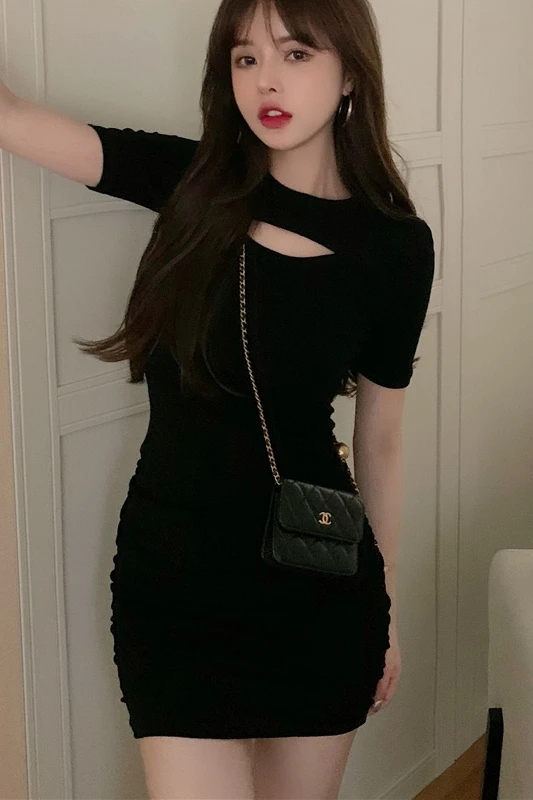 

Dress Hollow out Pure Sexy Hot Girl Tight Sheath Short Dress Women's Cotton Short Sleeve Black Dress