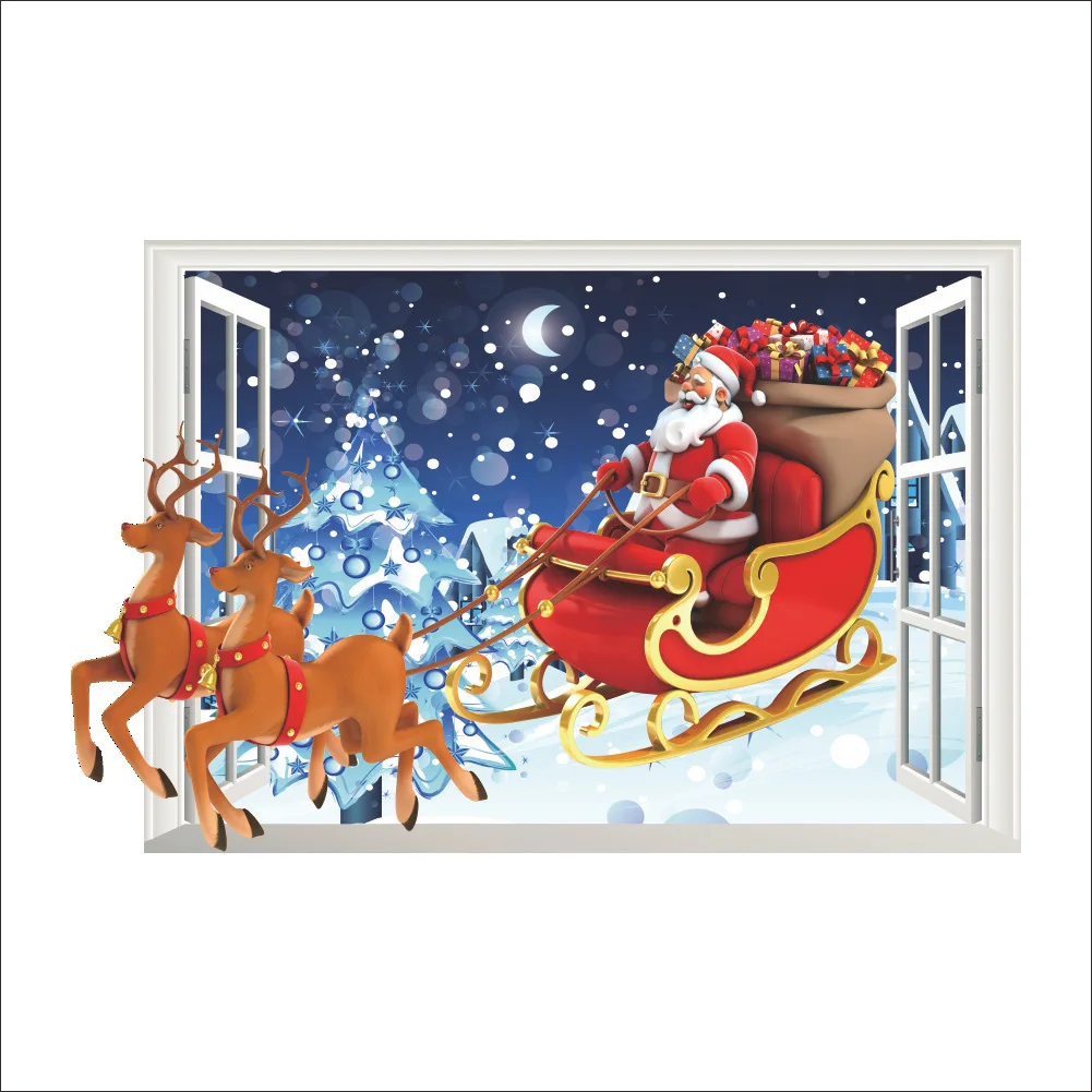

New Santa Claus 3D false window living room bedroom background wall sticker foreign trade wholesale removable