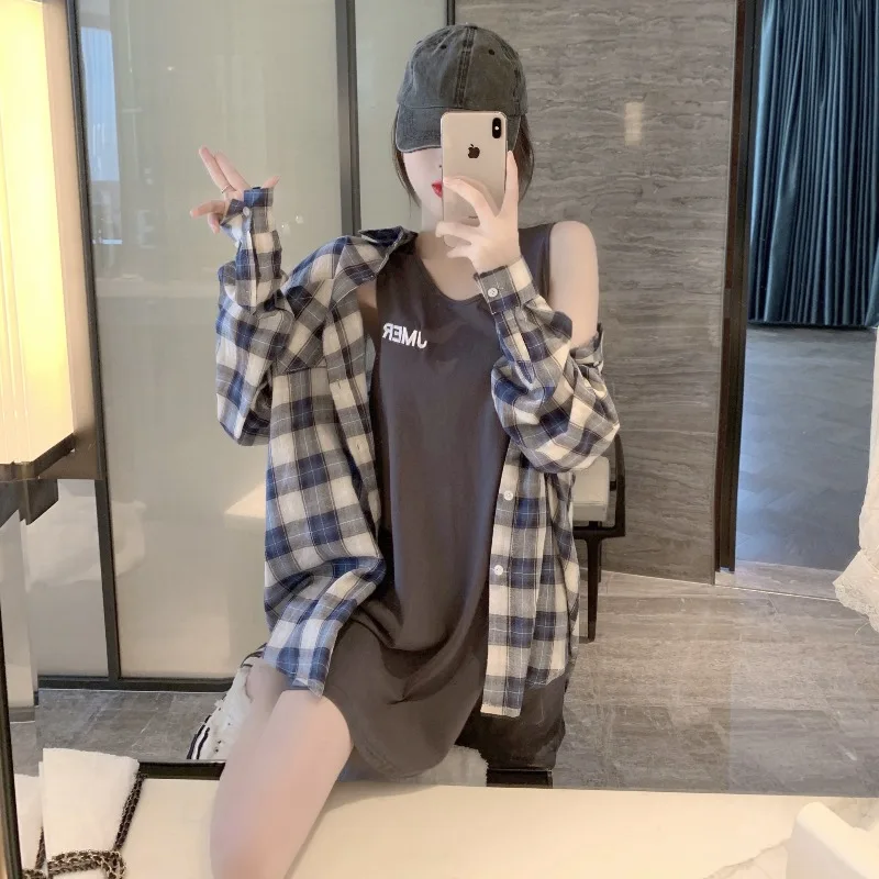 

Женский костюм свободного покроя, Солнцезащитная клетчатая рубашка с длинным рукавом и отложным воротником + Повседневная жилетка без рука...