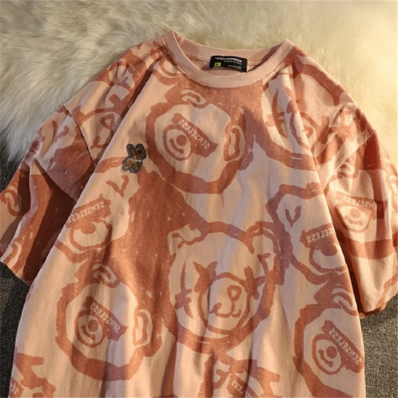 

Harajuku cartoon top female ins national tide Spring/Summer 2021 new Korean tie-dyed bear printed couple T-shirt casual Joker