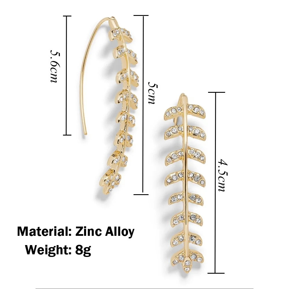 

European and American fashion new fresh and sweet earrings for women. Gold plated leaves with diamond and zircon U-shaped earrin