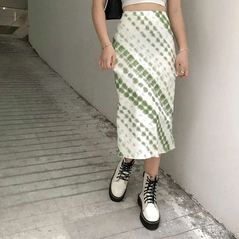 

Women Spring High Waist Midi Long Straight Skirt Harajuku Aesthetic Tie-Dye Dot Striped Printed Package Hip Streetwear