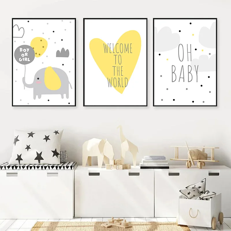 

Abstract Elephant Balloons Wall Art Posters Yellow Heart Prints Boys Or Girls Quotes Canvas Painting Nordic Baby Kids Room Decor