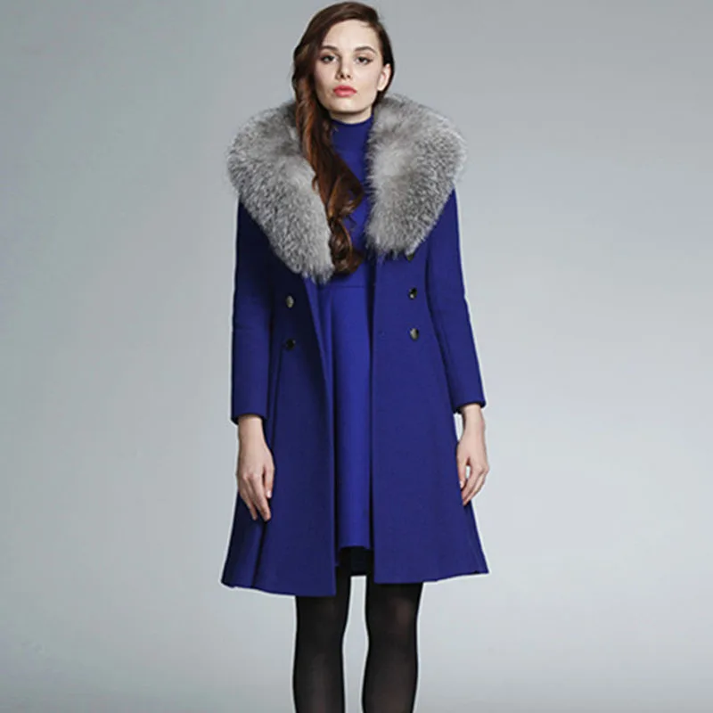 Модные женские пальто Длинная шерстяная двухбортная юбка с воротником из