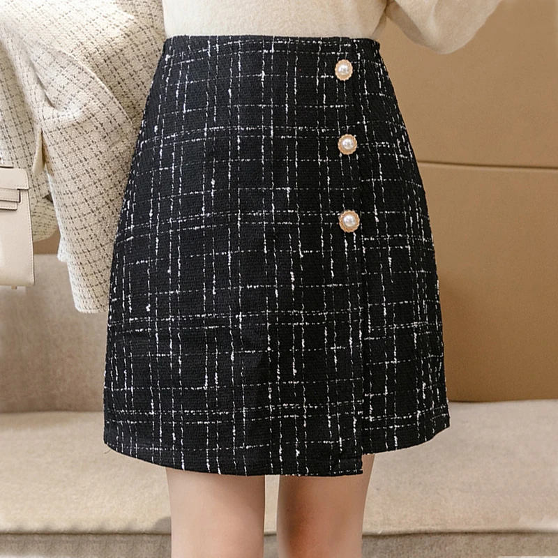 

Flectit Glitter Tweed Skirt With Gold Button High Waist Textured Wool Plaid Mini Skirt Women Autumn Winter Classic Outfit