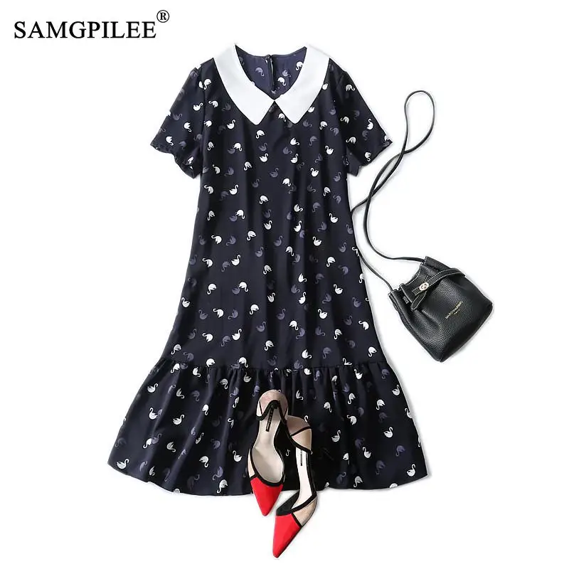 

Summer Clothes For Women 2021 New Sweet Loose Romantic Swan Pattern Peter Pan Collar Korean Style Pleated Chiffon Dresses Woman