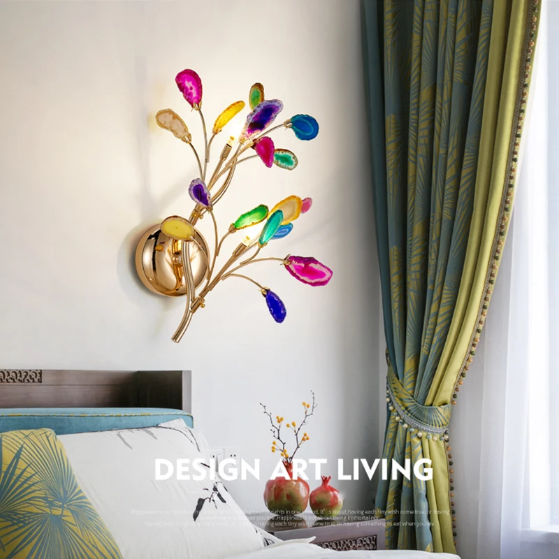 

American Country Creative Branch Wall Lamp Natural Agate Color Led Wall Sconce Living Room Bedroom Bedside Lamp Kitchen Fixtures